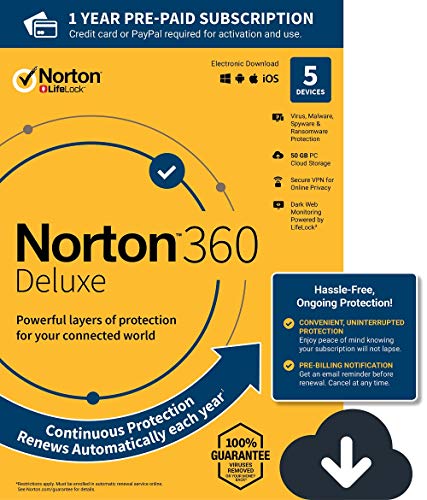  Norton 360 Deluxe - نرم افزار آنتی ویروس برای 5 دستگاه با تمدید خودکار - شامل VPN ، پشتیبان گیری از ابر Cloud و مانیتورینگ وب تاریک با پشتیبانی LifeLock - 2020 آماده [Download]