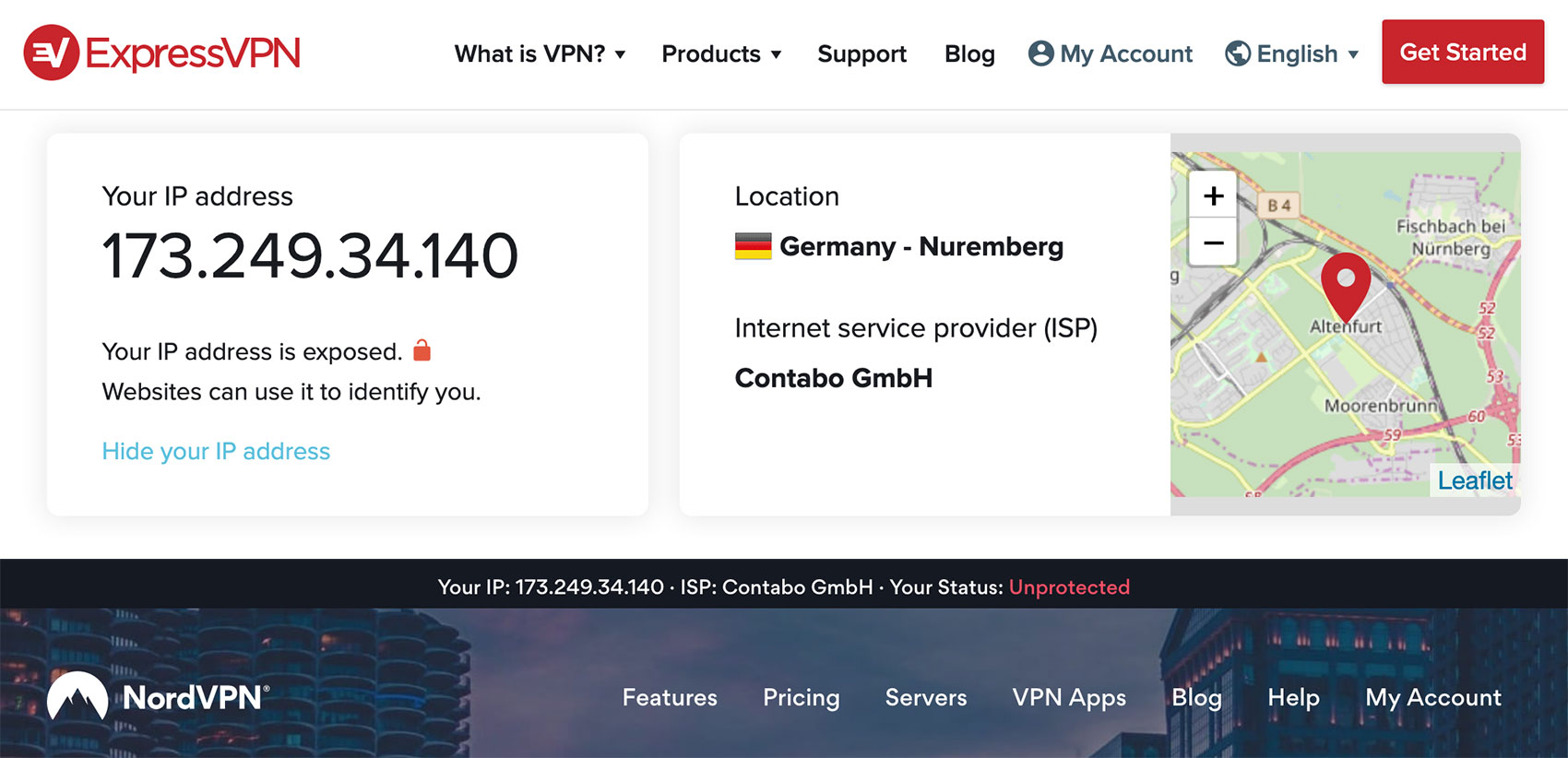  دو عکس صفحه از وب سایت های VPN که آدرس IP "محافظت نشده" من را نشان می دهد 